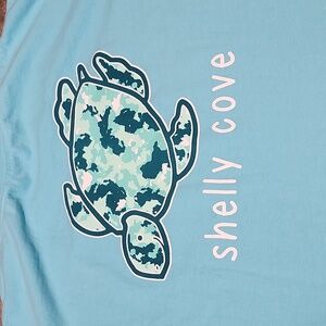 SHELLY COVE TEAL CAMO TURTLE GRAPHIC CREW-NECK SHORT-SLEEVE TEE-SHIRT L